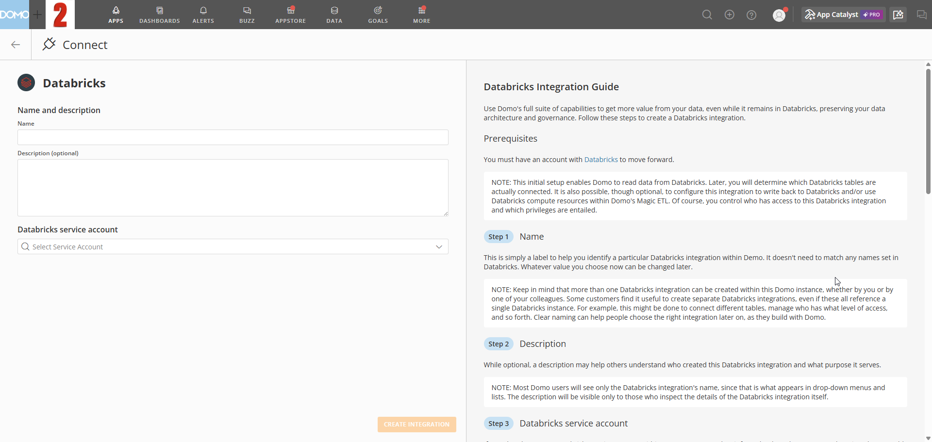 The new integration form with name, description, and service account fields.