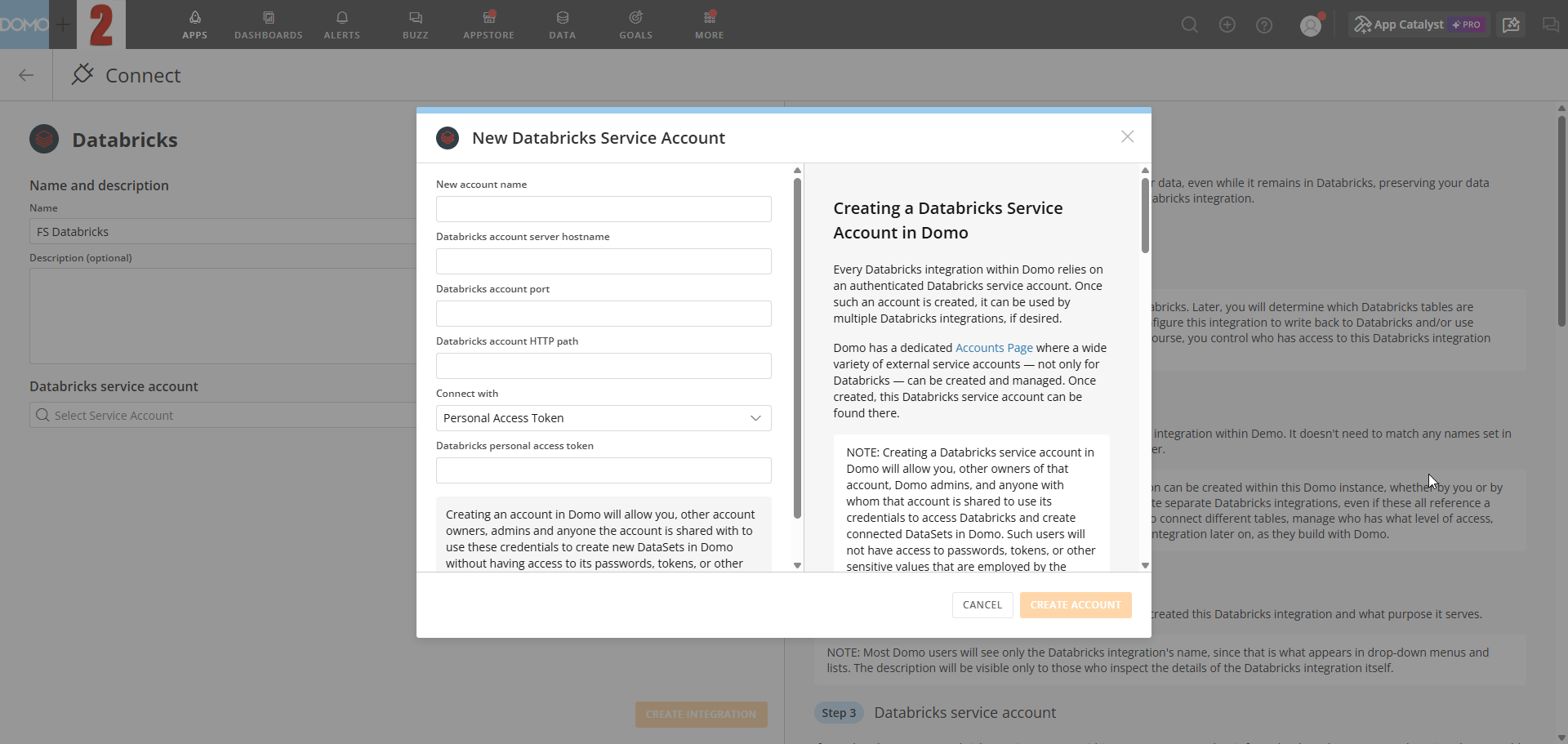 New Databricks Service Account modal with Personal Access Token selected.