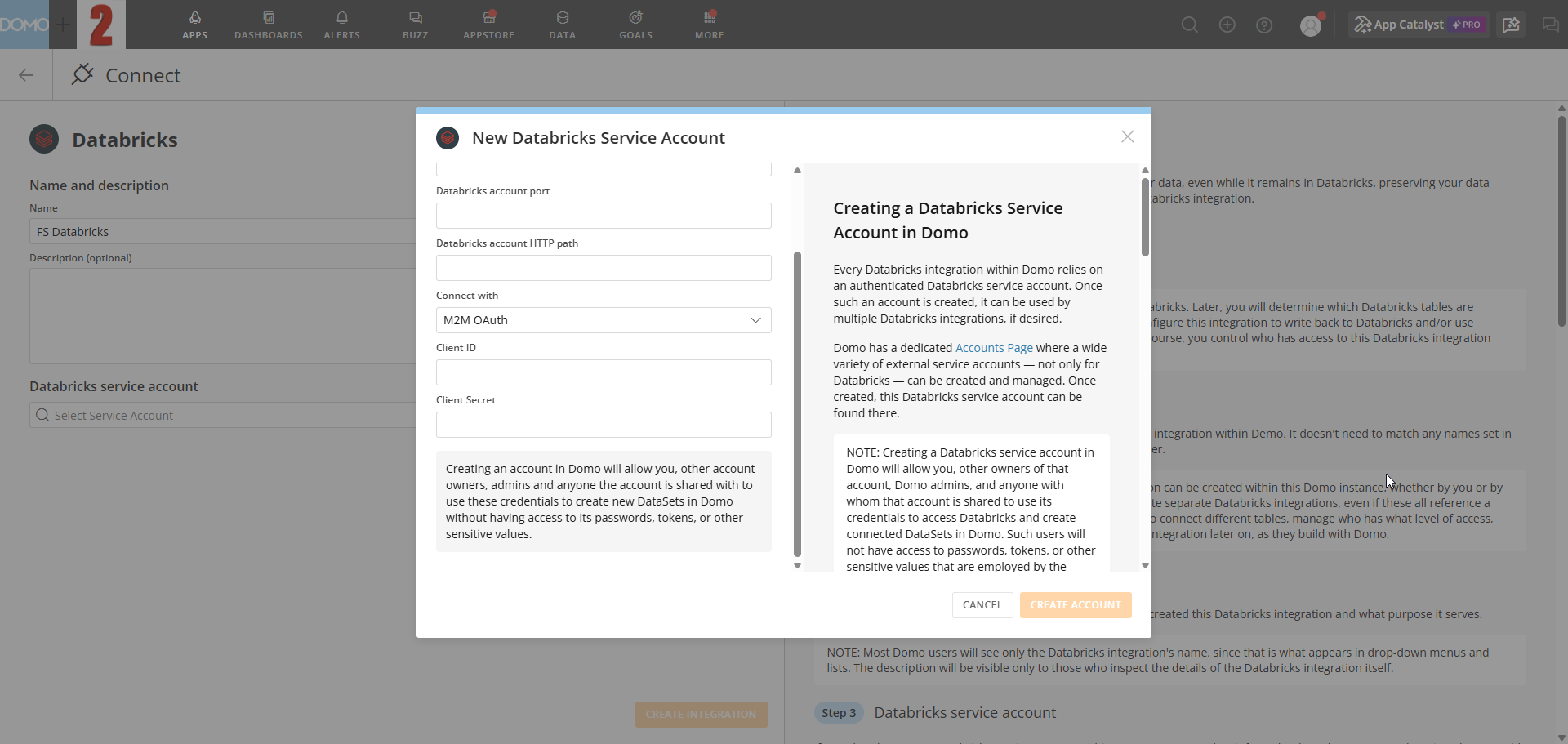 New Databricks Service Account modal with M2M OAuth selected, showing Client ID and Client Secret fields.