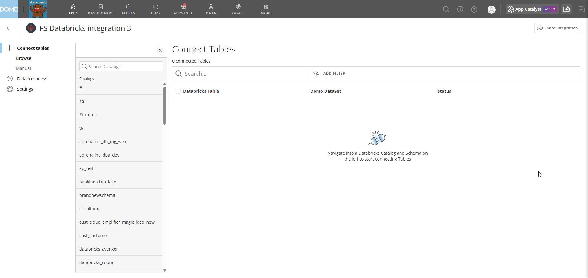 The Connect Tables interface with the schema browser on the left and the table list on the right.