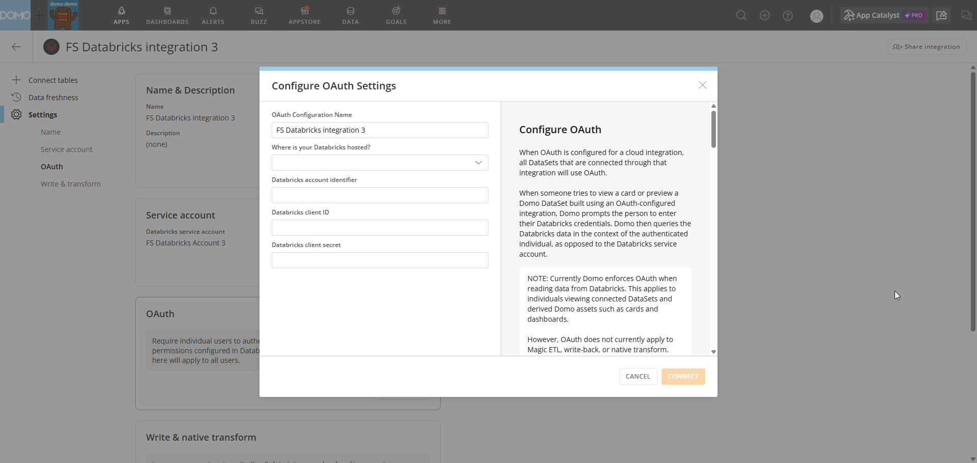 Configure OAuth Settings modal showing the configuration form fields.