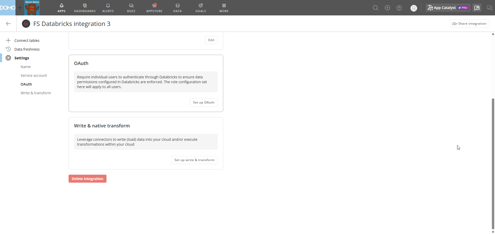 Integration Settings panel showing the Set up OAuth and Set up write & transform options.