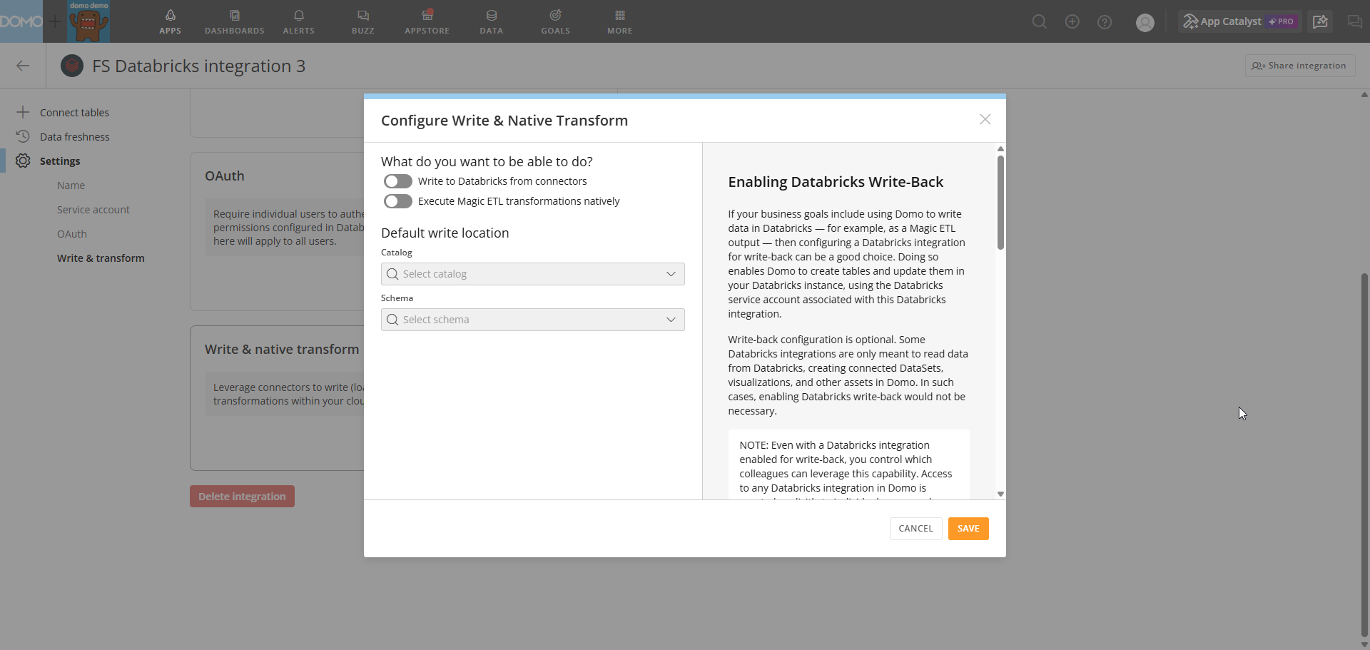 Configure Write & Native Transform modal with capability checkboxes and write location dropdowns.