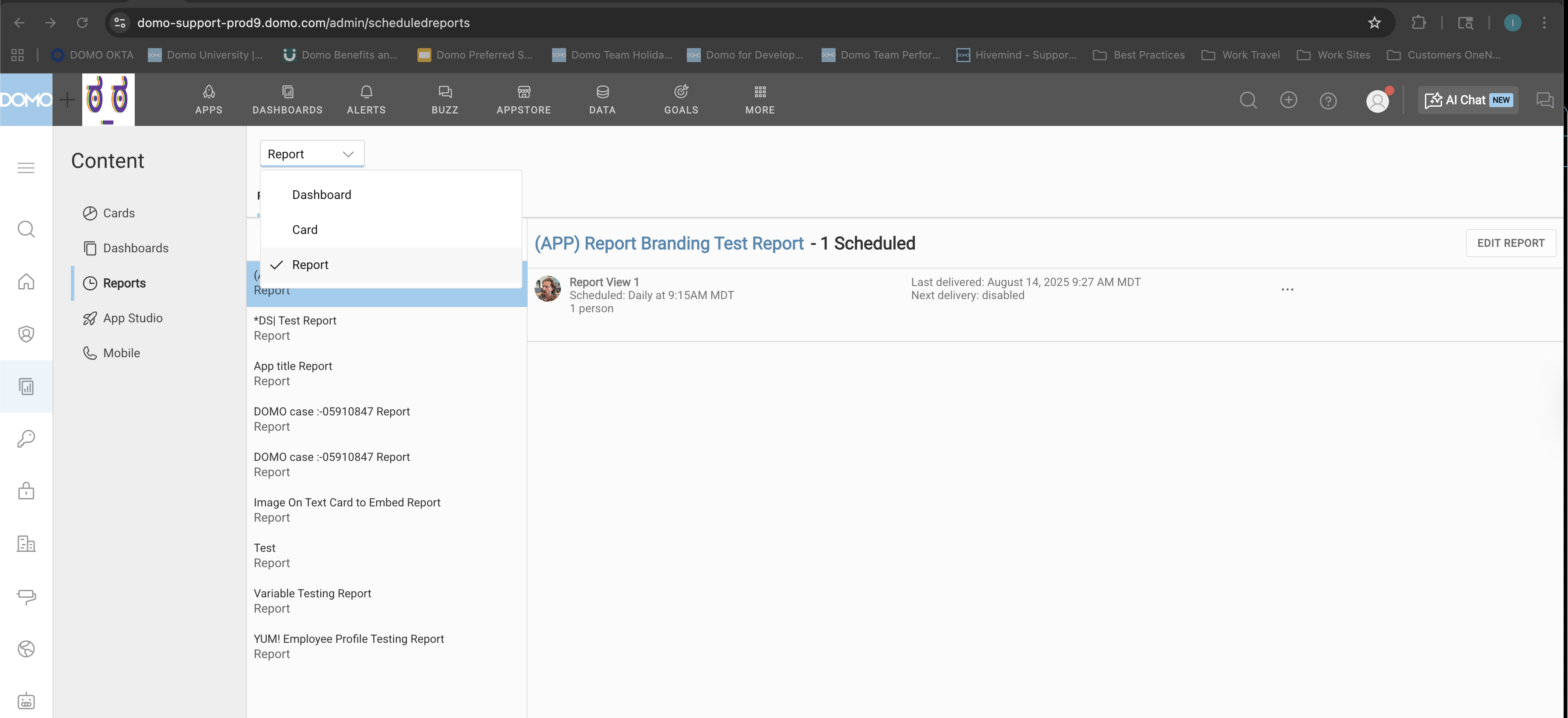 Scheduled Reports screen with the navigation dropdown open, showing the Dashboard, Card, and Report options.