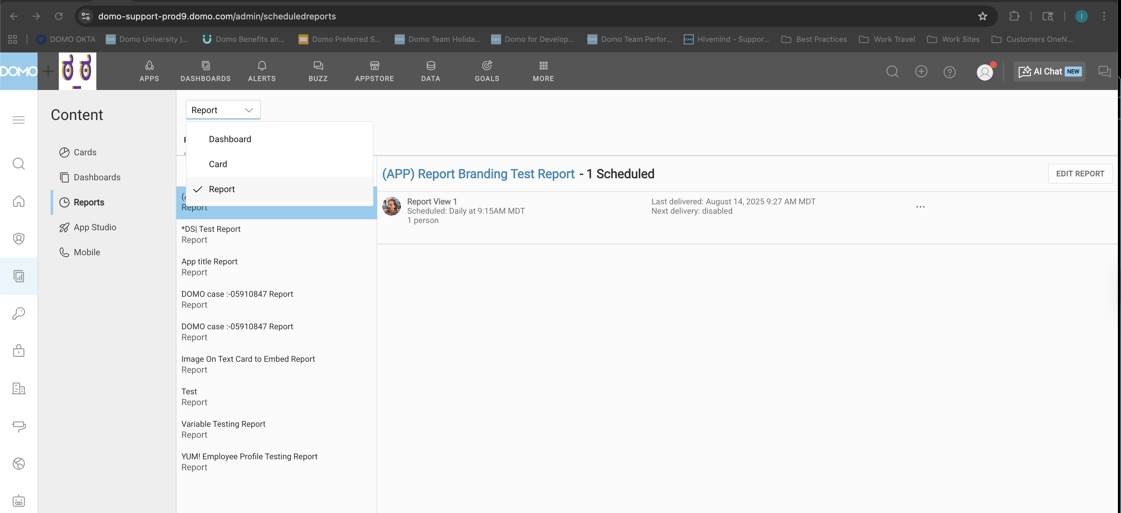 Scheduled Reports screen with the navigation dropdown open, showing the Dashboard, Card, and Report options.