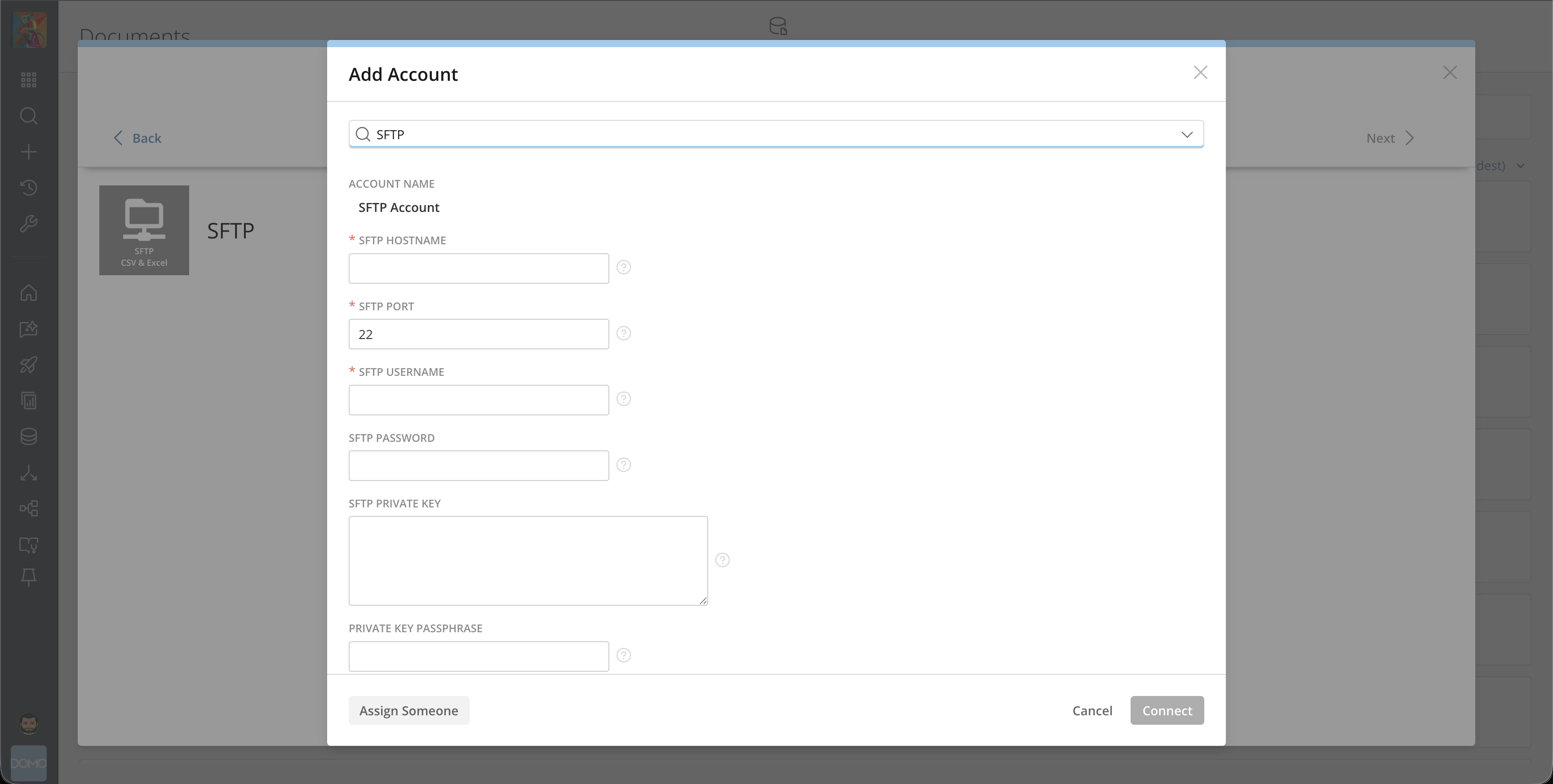 SFTP connection credentials screen