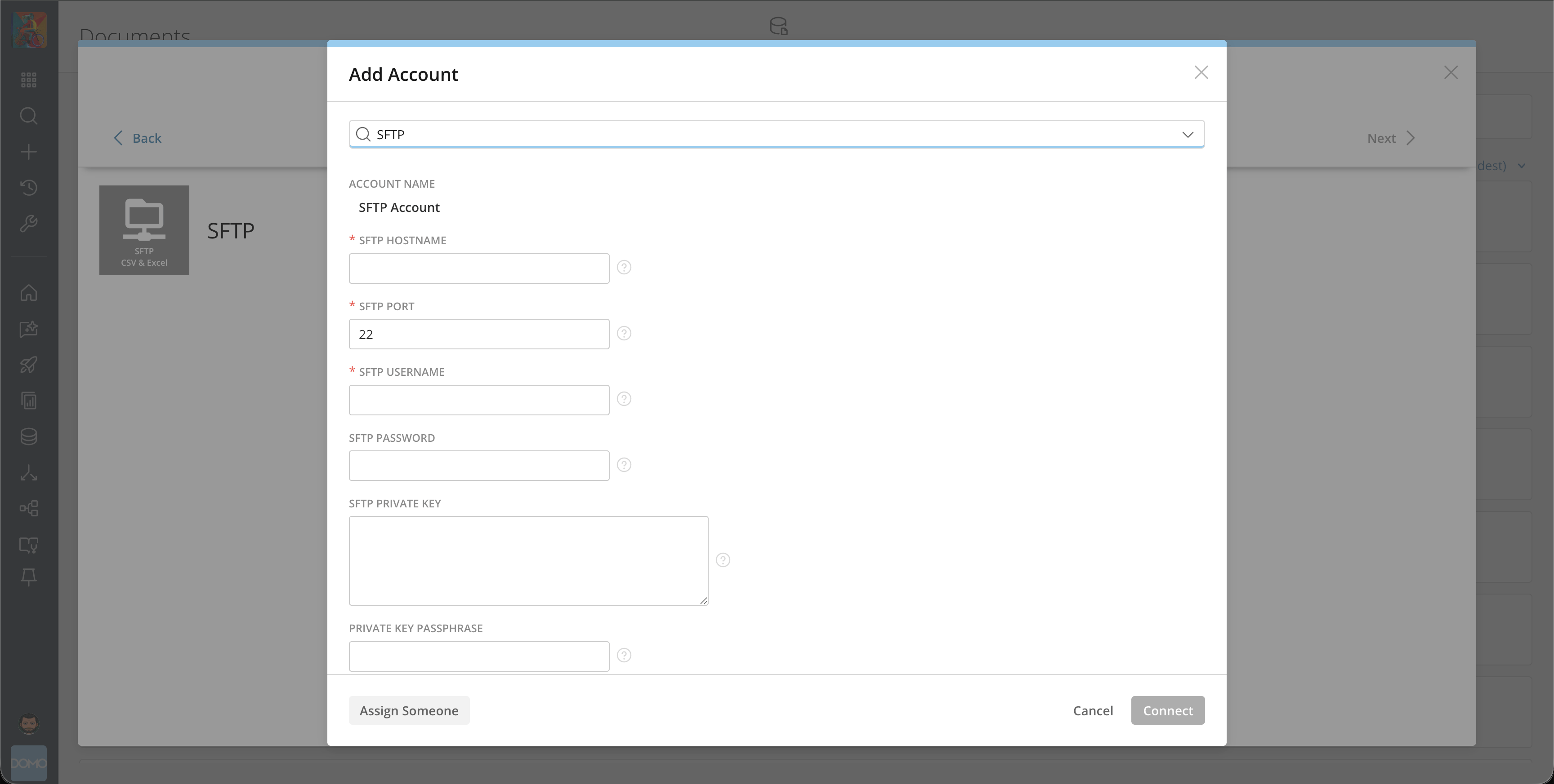 SFTP connection credentials screen