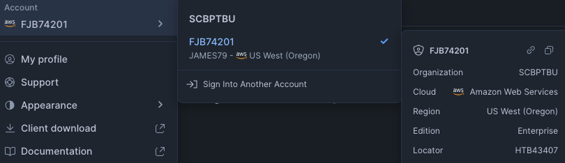 Snowsight account details popover showing the account identifier (FJB74201), organization (SCBPTBU), cloud, region, edition, and locator.