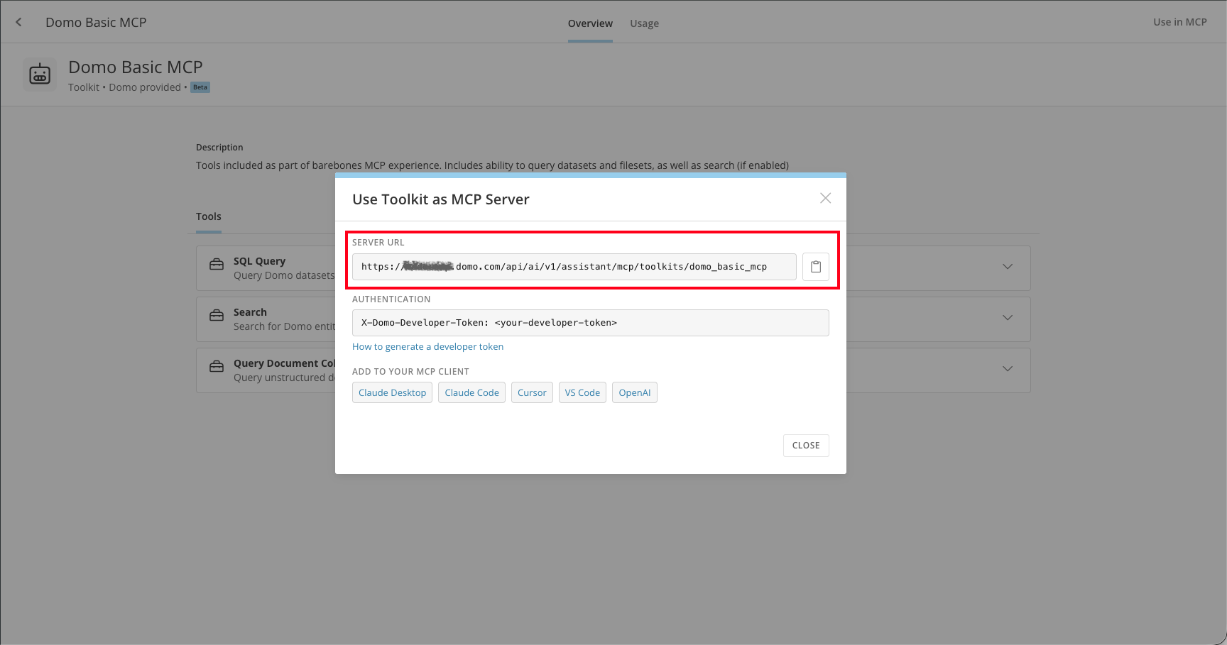 AI Library showing the Domo Basic MCP toolkit and server URL