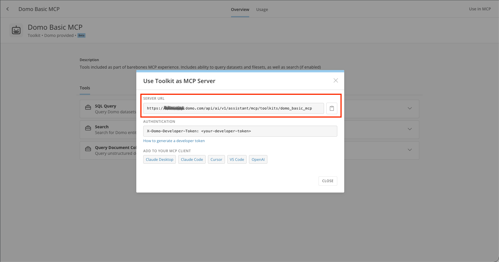 AI Library showing the Domo Basic MCP toolkit and server URL