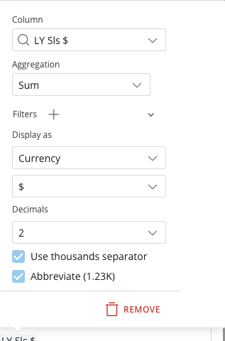The Column and aggregation popover in the right pane.