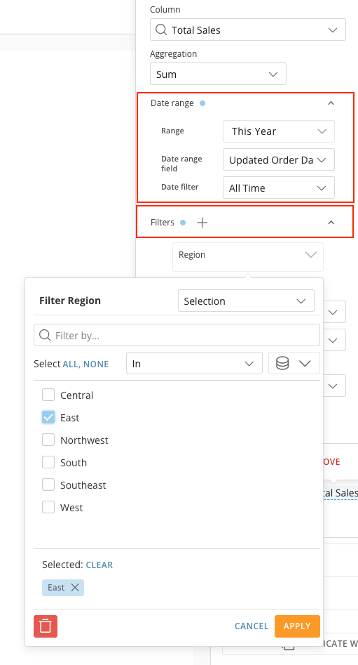 Filtering a KPI metric by date or by column in the right pane.