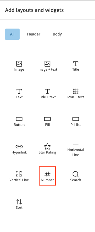 A Number widget in the widgets pane.