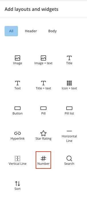 A Number widget in the widgets pane.