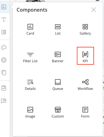 Selecting the KPI component in the Components pane.