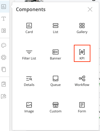 Selecting the KPI component in the Components pane.