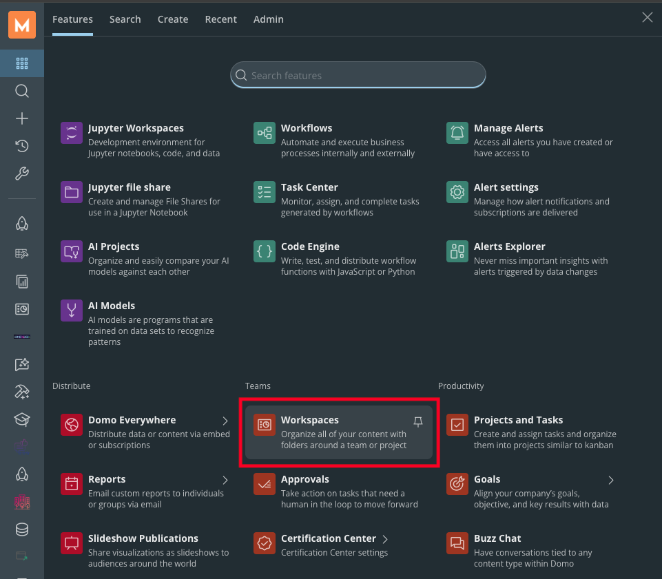 Teams menu in the left navigation with Workspaces
selected