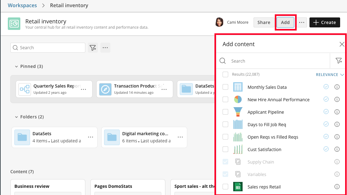 Content-selection modal for adding existing content to a
Workspace