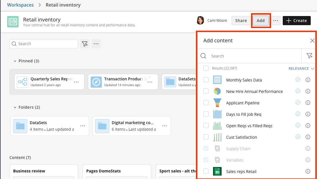 Content-selection modal for adding existing content to a
Workspace