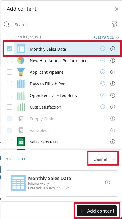 Selected content ready to add to a Workspace