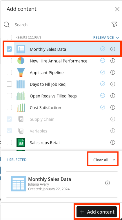 Selected content ready to add to a Workspace