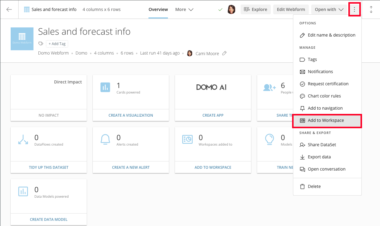Add to Workspace option in a content item's more options
menu