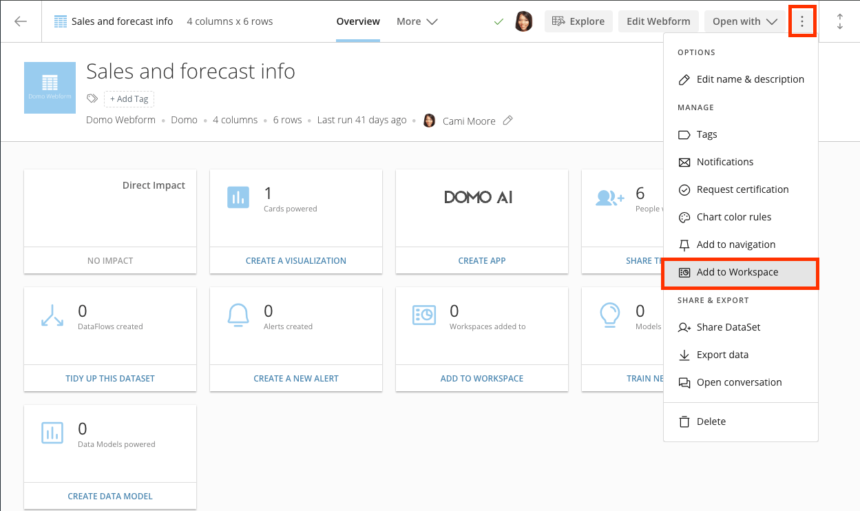 Add to Workspace option in a content item's more options
menu