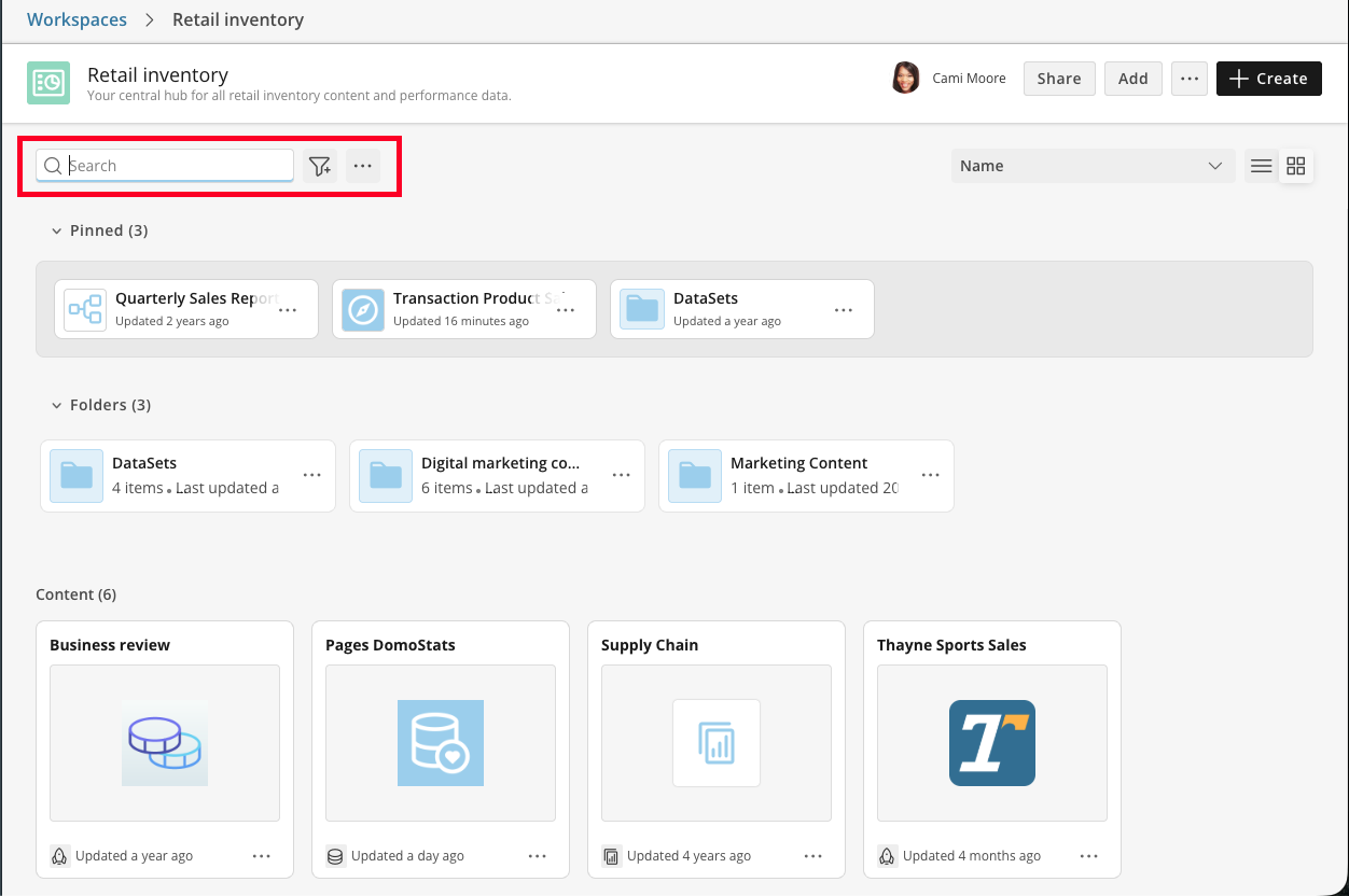 Search results scoped to the current folder in a
Workspace