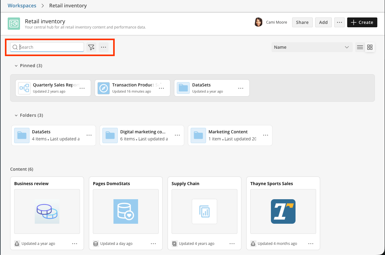 Search results scoped to the current folder in a
Workspace