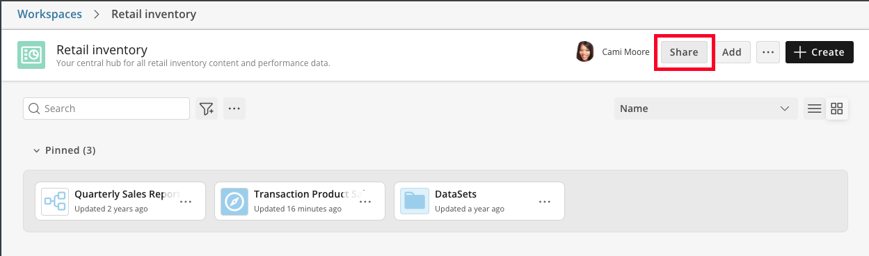 Share button on a Workspace