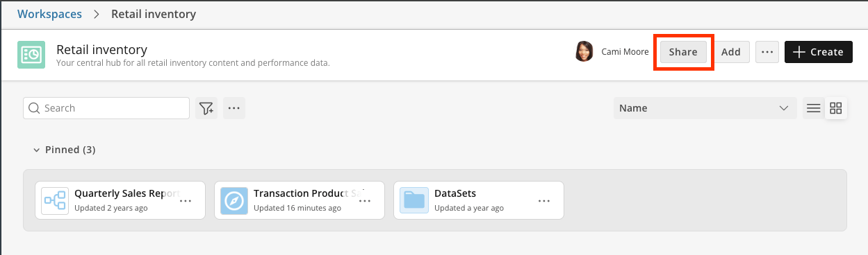 Share button on a Workspace