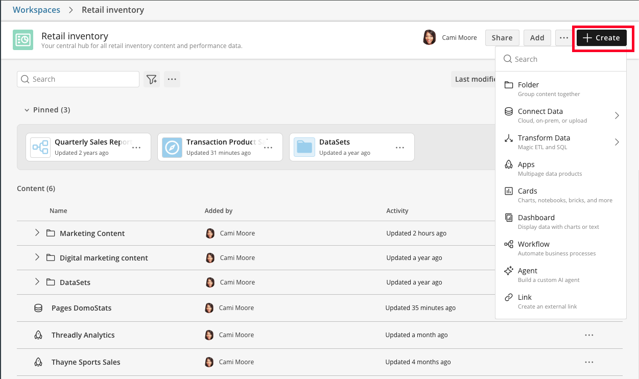 Modal for creating new content inside a
Workspace