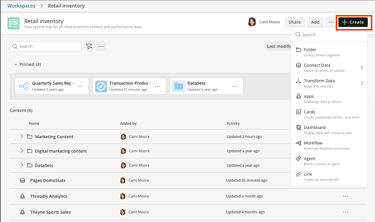 Modal for creating new content inside a
Workspace