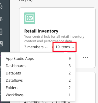 Expanded item count showing item types and the total number of items in the
Workspace