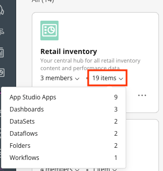 Expanded item count showing item types and the total number of items in the
Workspace