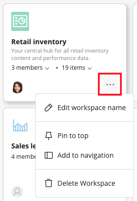 More options menu showing Edit Workspace, Pin/Unpin, Add to Navigation, and
Delete Workspace