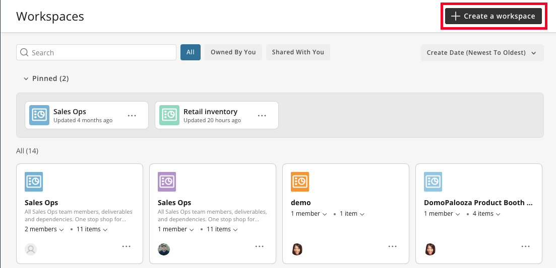 Create a Workspace button
