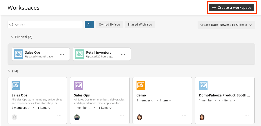 Create a Workspace button
