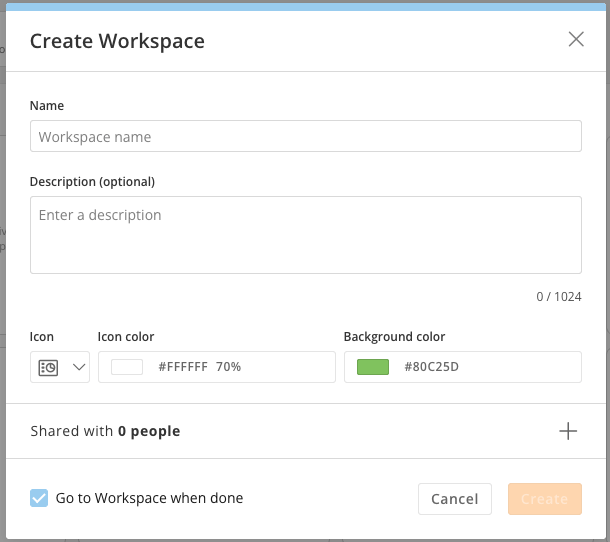 Workspace creation panel