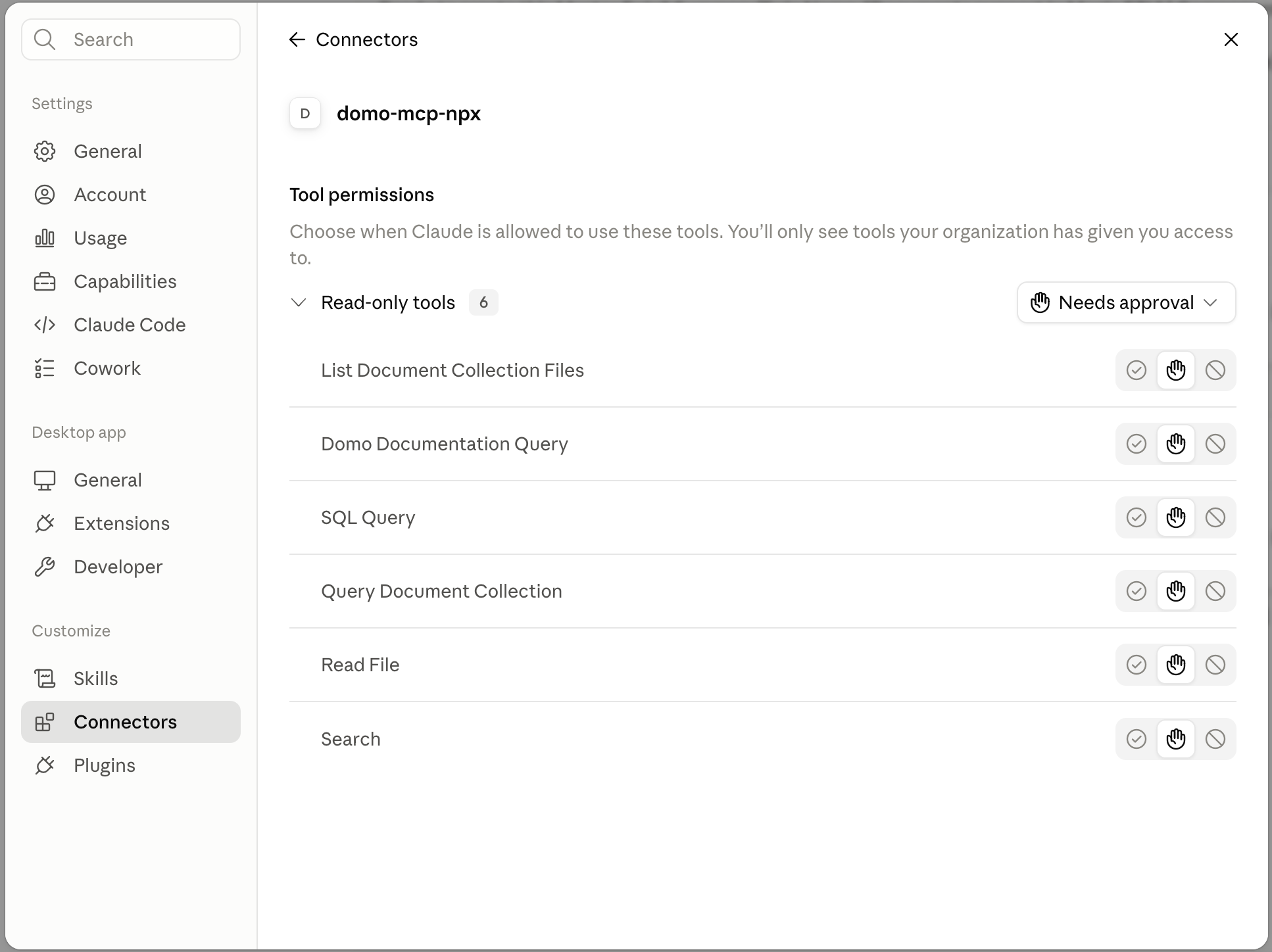 Domo MCP server tool permissions list in Claude Desktop