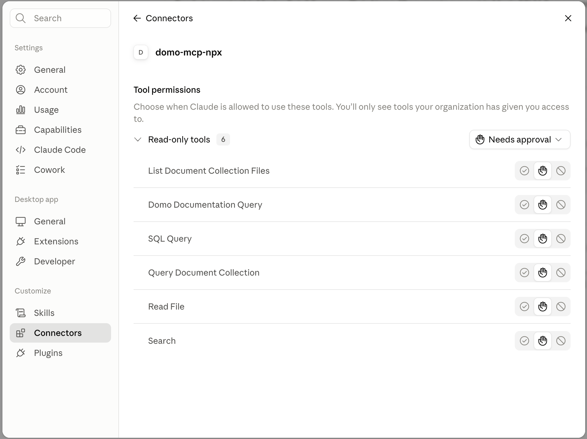 Domo MCP server tool permissions list in Claude Desktop