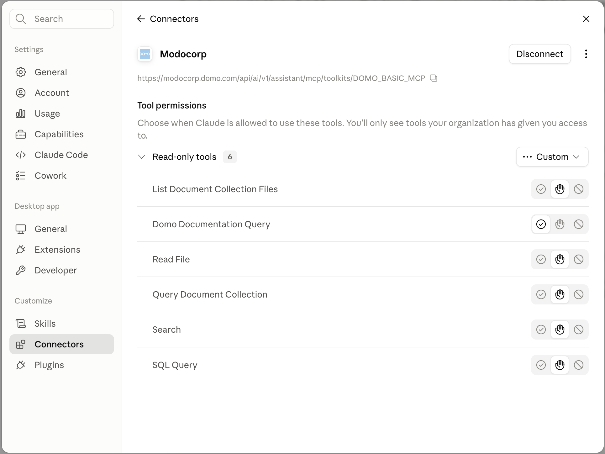 Claude Desktop showing active Domo MCP connection