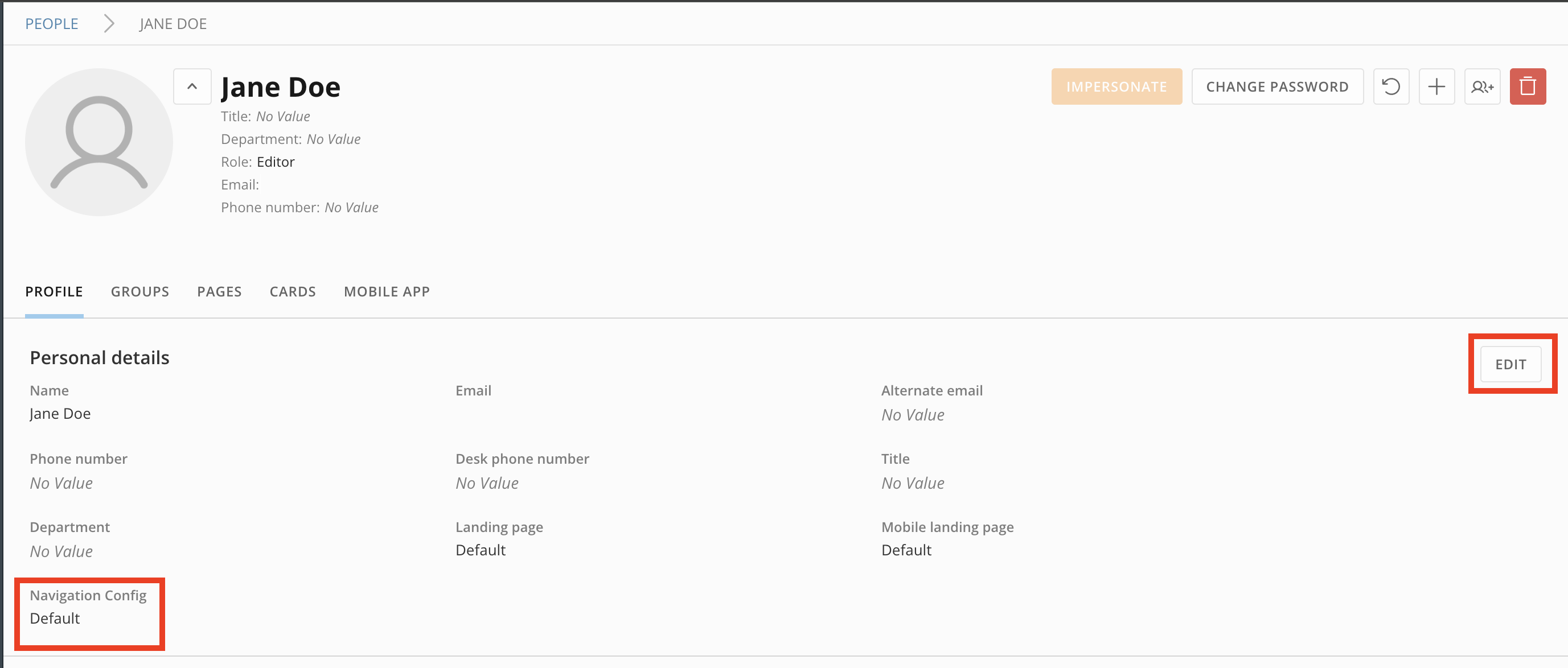 Navigation Config field and Edit button in the Personal details of a user profile
