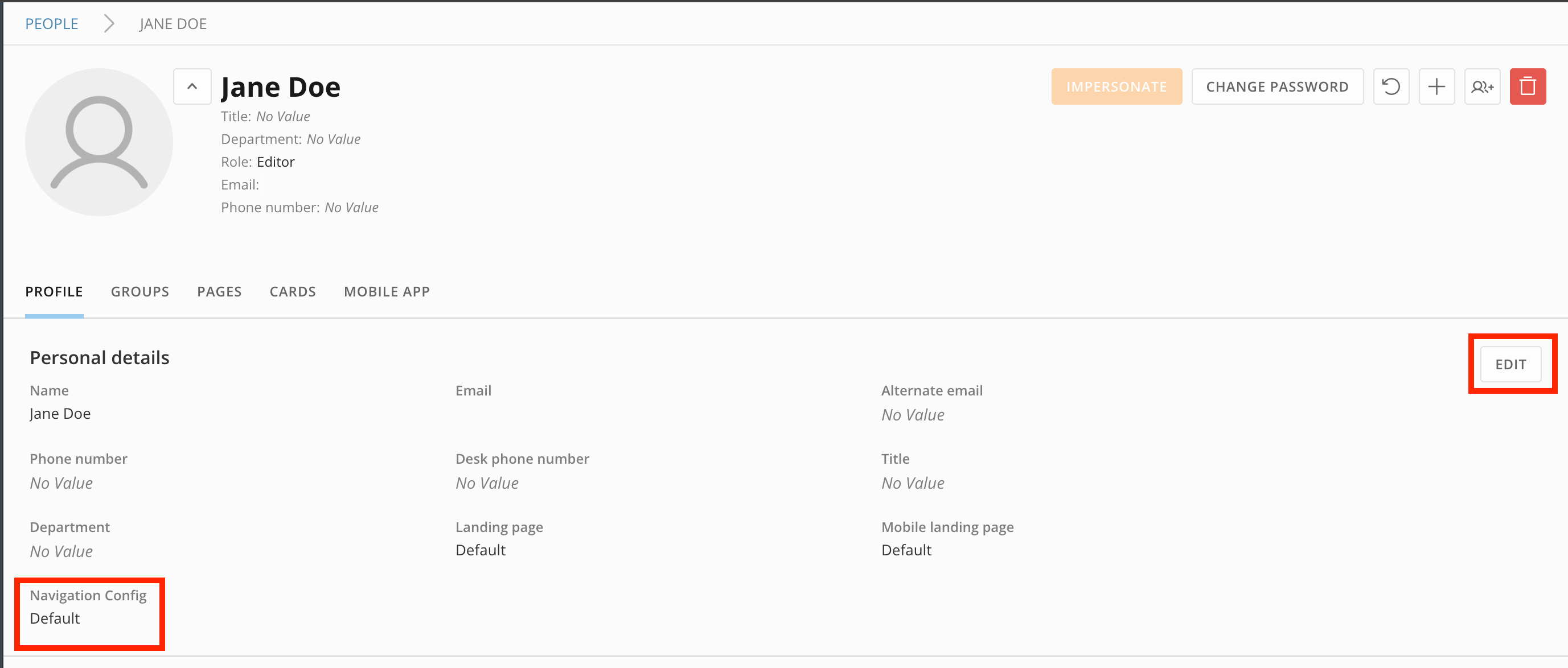 Navigation Config field and Edit button in the Personal details of a user profile