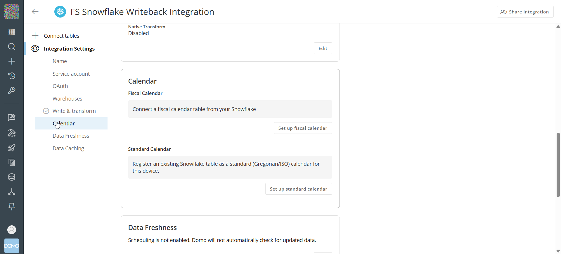Calendar section of integration settings with Fiscal Calendar and Standard Calendar subsections