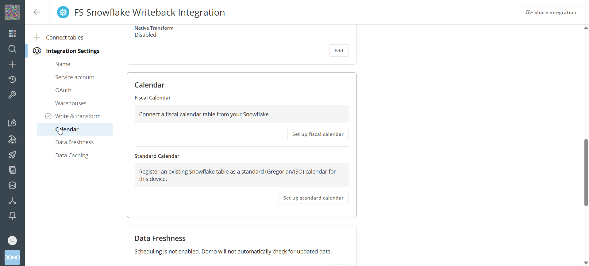 Calendar section of integration settings with Fiscal Calendar and Standard Calendar subsections