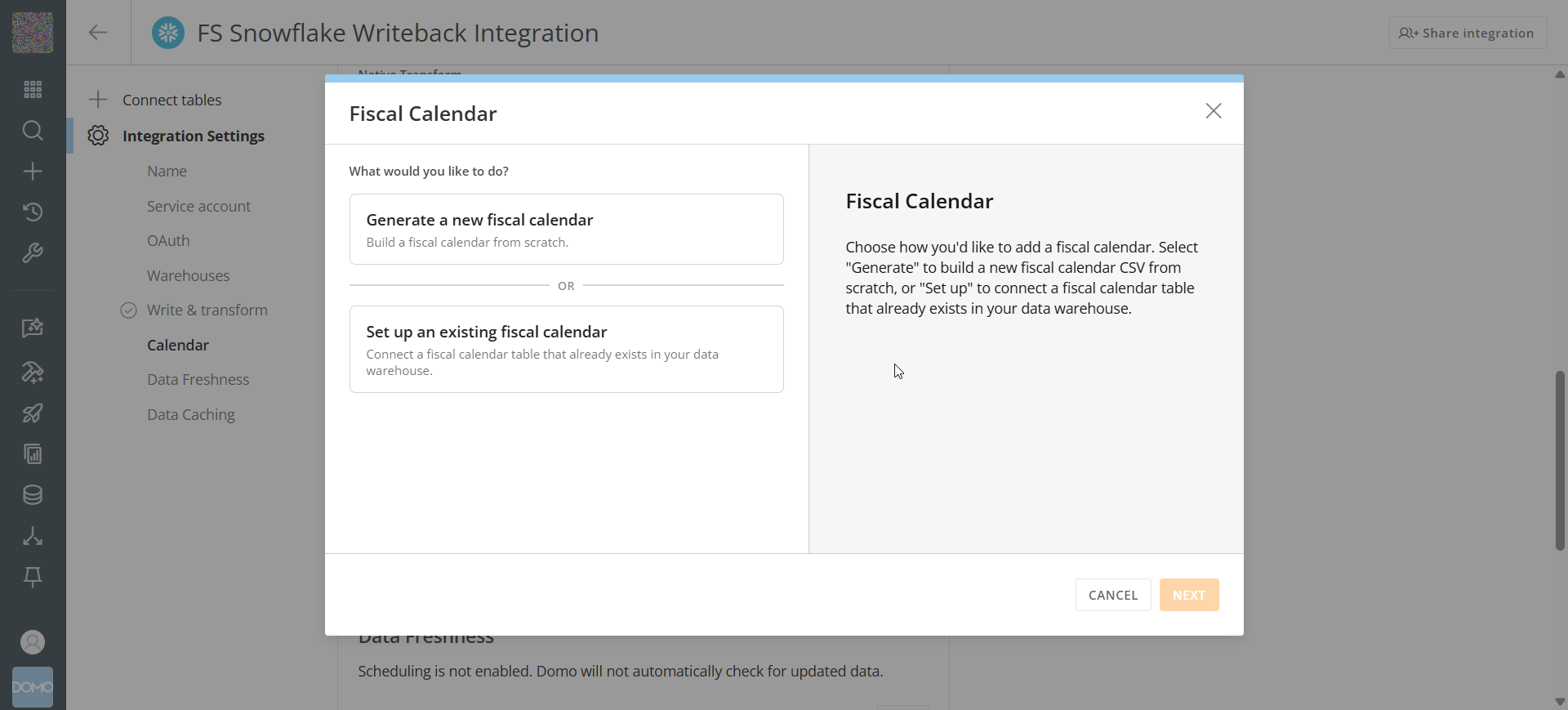 Fiscal Calendar modal with Generate a new fiscal calendar and Set up an existing fiscal calendar options
