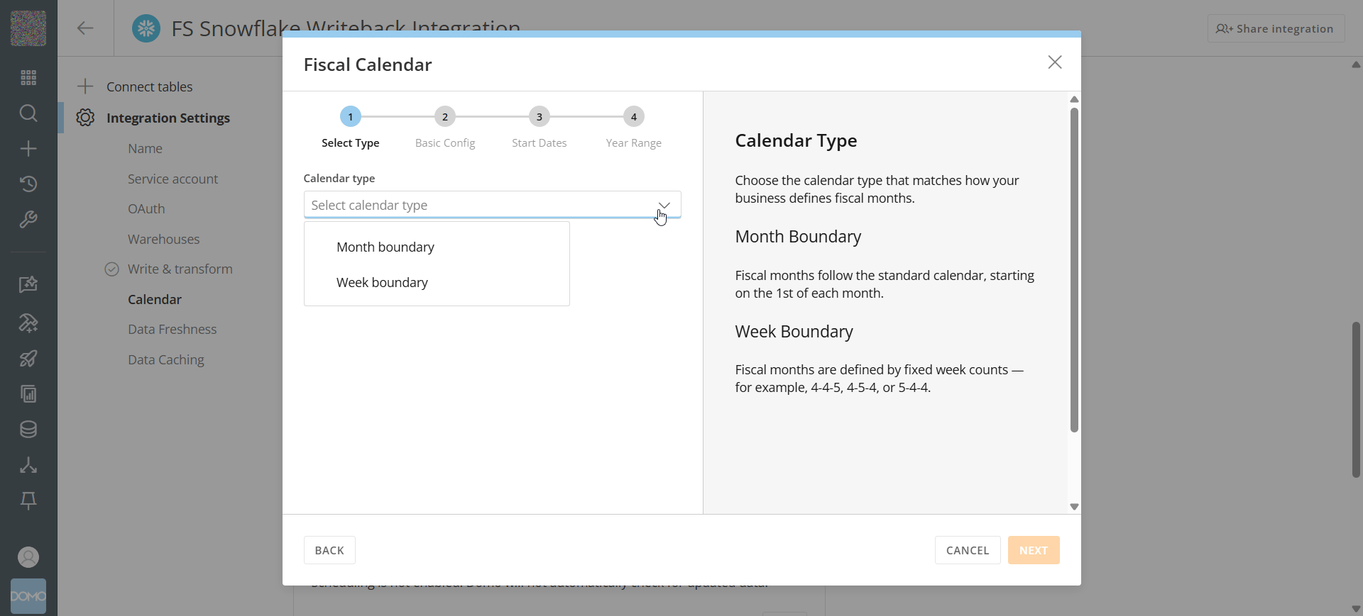 Select Type step of the fiscal calendar generator with Month Boundary and Week Boundary options