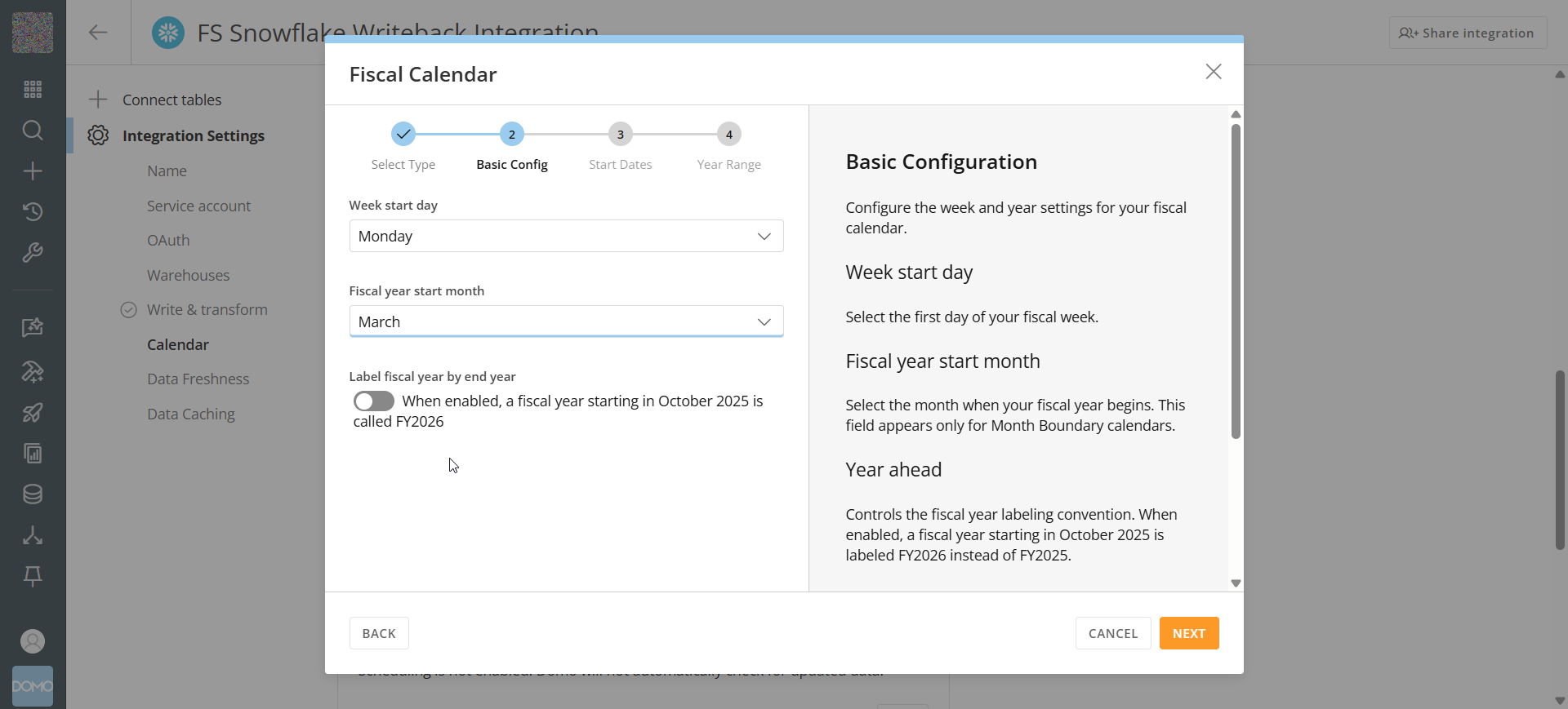 Basic Configuration step with Week start day set to Monday and Fiscal year start month set to March