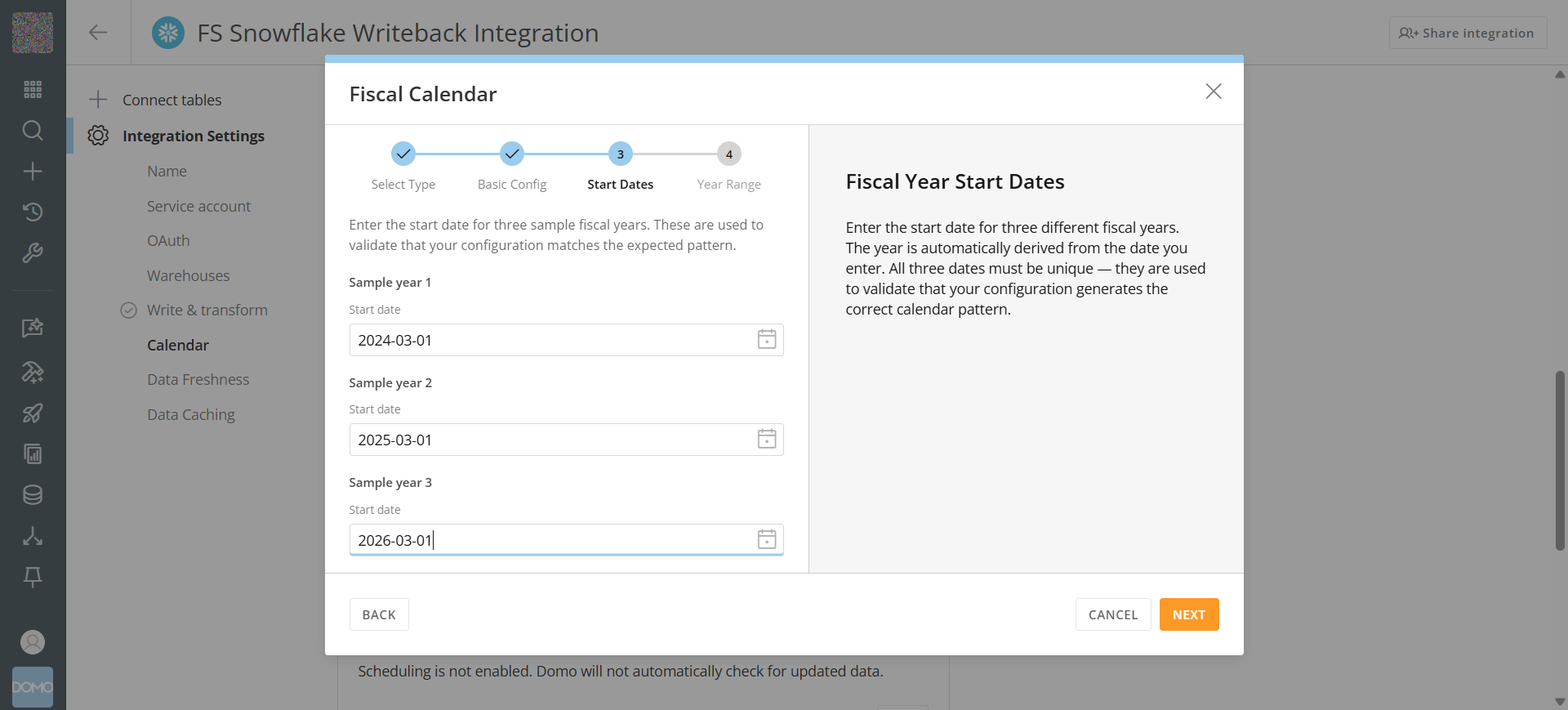 Fiscal Year Start Dates step with three sample year start dates filled in